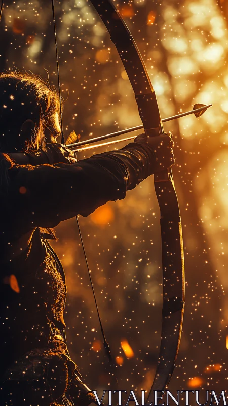 Archer drawing bow in glowing forest light at sunset.