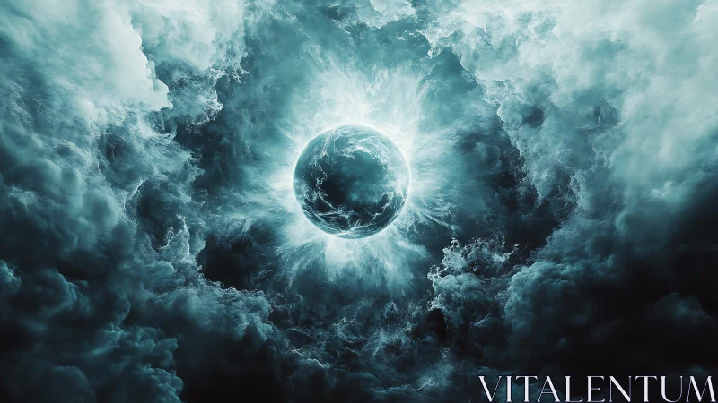 Turbulent nebular vortex encircles luminous energy sphere in space