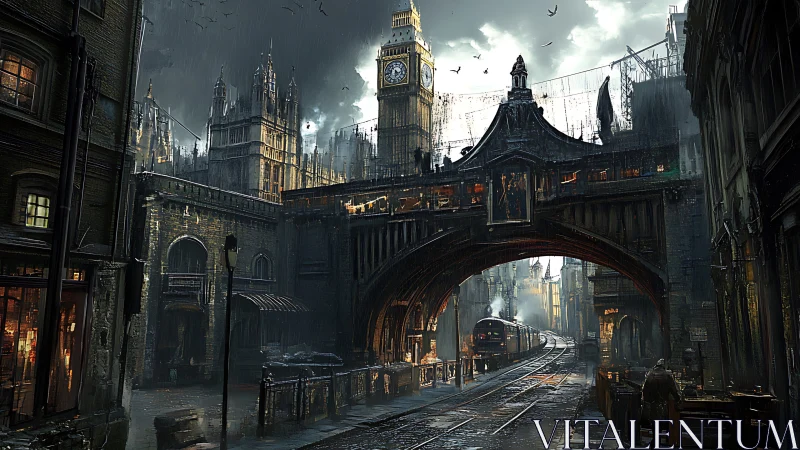 Neo-Victorian rail viaduct cuts through dystopian London dusk