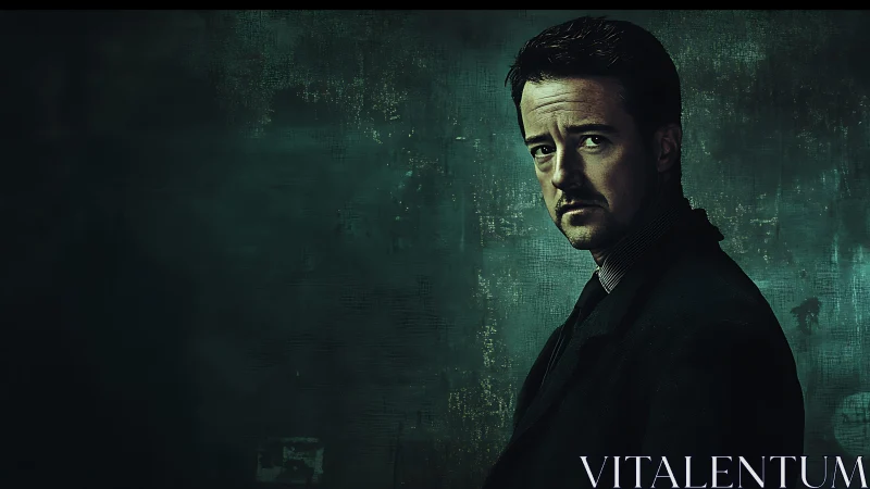 Brooding gentleman haunts a teal-scarred urban twilight wall.