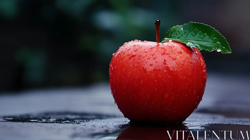 Red apple with water droplets on reflective outdoor surface.