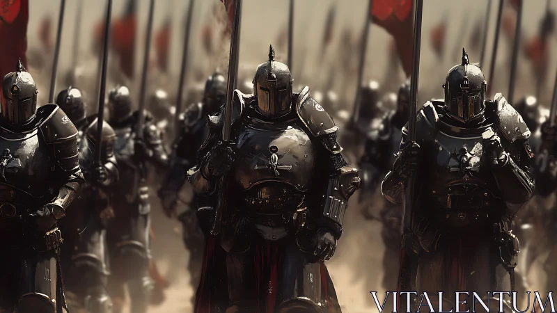 Armored vanguard phalanx advancing through particulate haze.