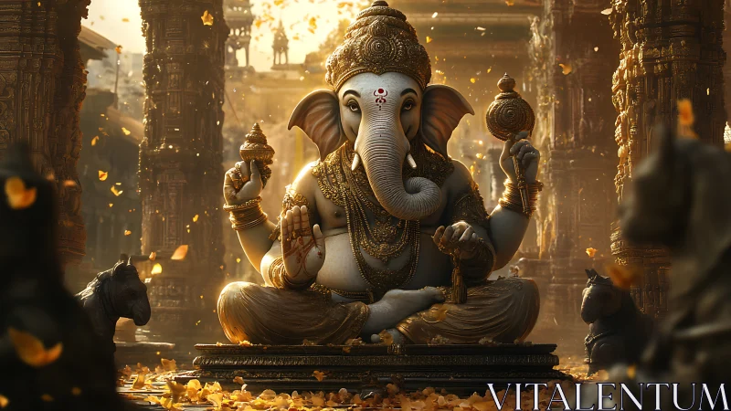 Golden Ganesha statue glows amid ornate temple columns.