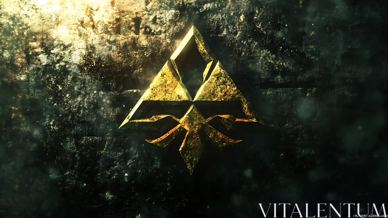Golden triangular crest over dark textured stone wall.