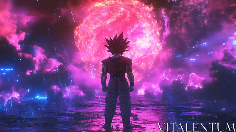 Warrior silhouetted before cosmic neon energy storm.