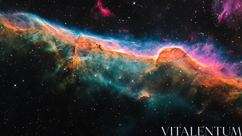 Colored emission nebula ridge across dense star field in space.