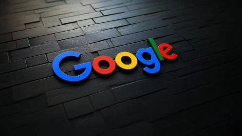 Bold colorful logo resting on sleek dark tile surface.