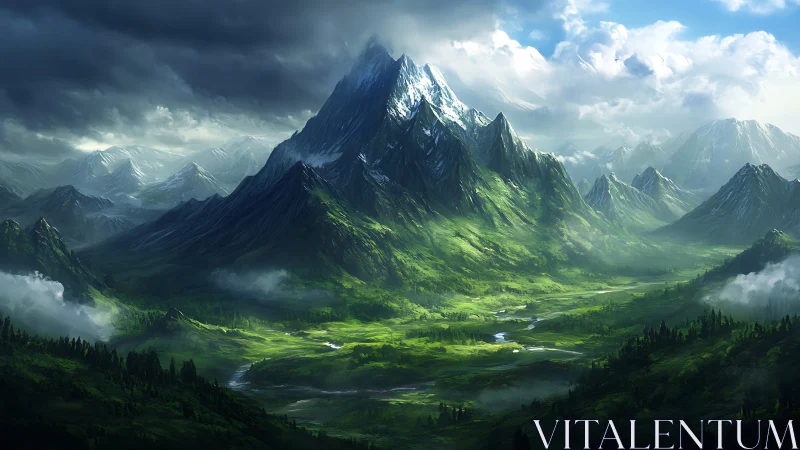 Sunlit alpine valley unfolds beneath dramatic snowcapped massif