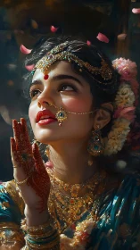 Radiant Indian bride gazes upward in petals and golden light