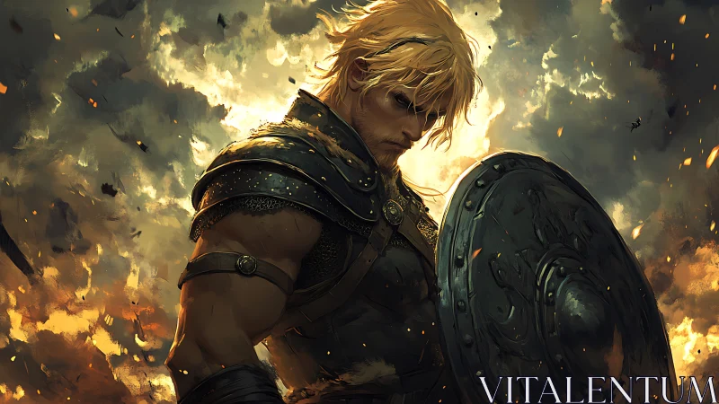 Stormlit warrior stands defiant in fire-kissed battlefield.