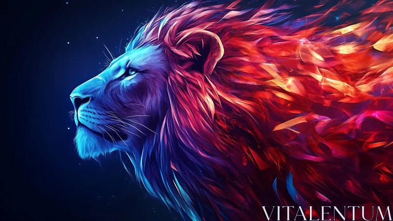Profile view of neon lion with abstract flowing mane.