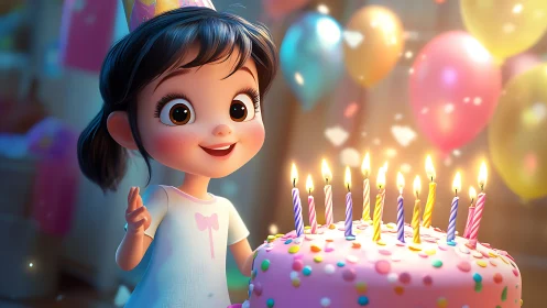 3D animated child character with birthday cake and lit candles.