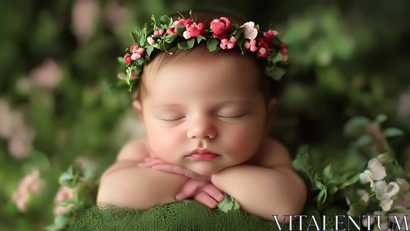 Peaceful newborn baby rests in spring garden surrounded by pink blooming flowers