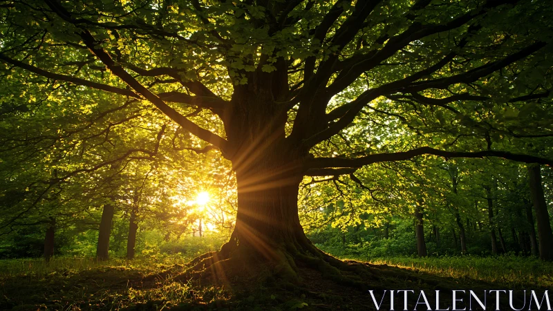 Majestic old tree in lush forest with radiant sunlight at sunset.