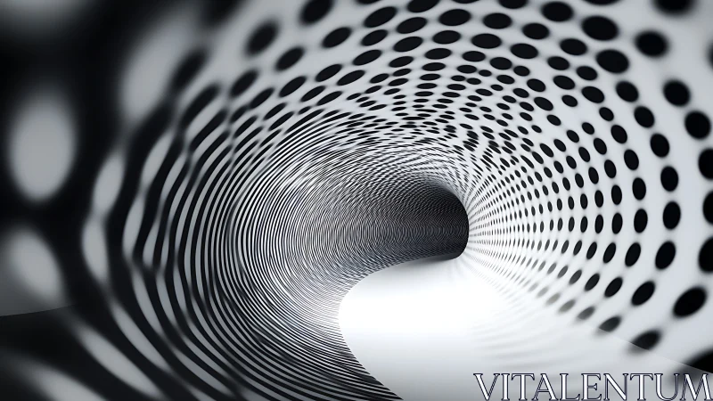 Monochrome dotted tunnel curves into abstract digital void.