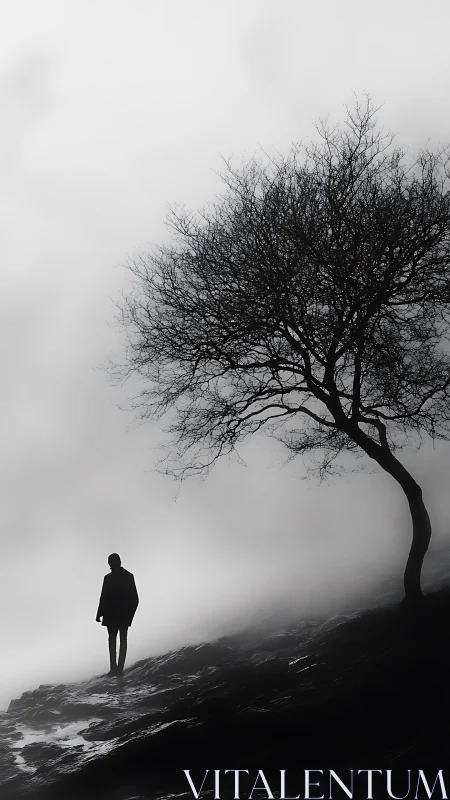 Silhouetted figure on misted slope beside winter-bare tree.