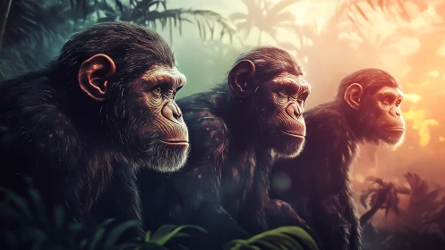 Photorealistic triad of juvenile chimpanzees in rim-lit jungle.