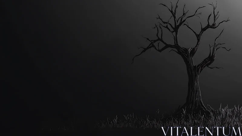 Lonely bare tree stands in a dark misty monochrome field