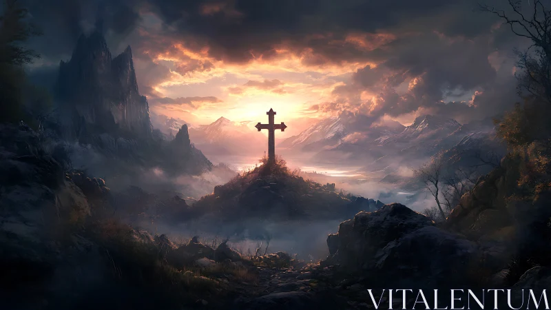 Backlit stone cross on misted alpine ridge at burning sunset