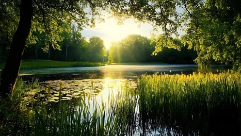 Sunset light passes through lakeside reeds and dense trees