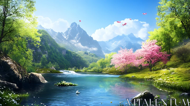 Blossoming riverside whispers under watchful crystal peaks