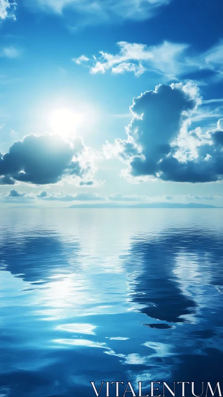Sunlit cumulus clouds over calm reflective ocean horizon.