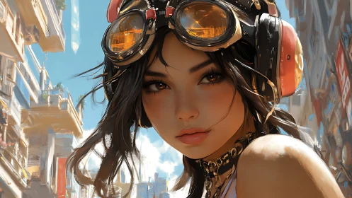 Sunlit street explorer with golden goggles and bold gaze.