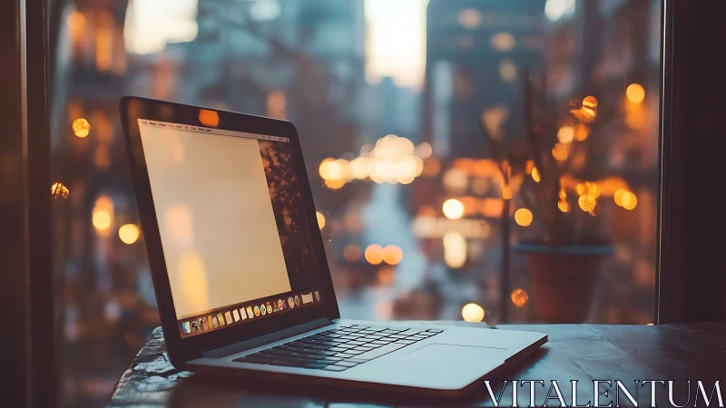 Cozy laptop glow over city lights at the edge of evening.