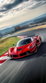 Red track hypercar attacks fast sweeping circuit corner