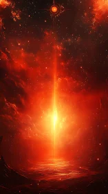 Celestial red vortex opens as a radiant cosmic energy beam.