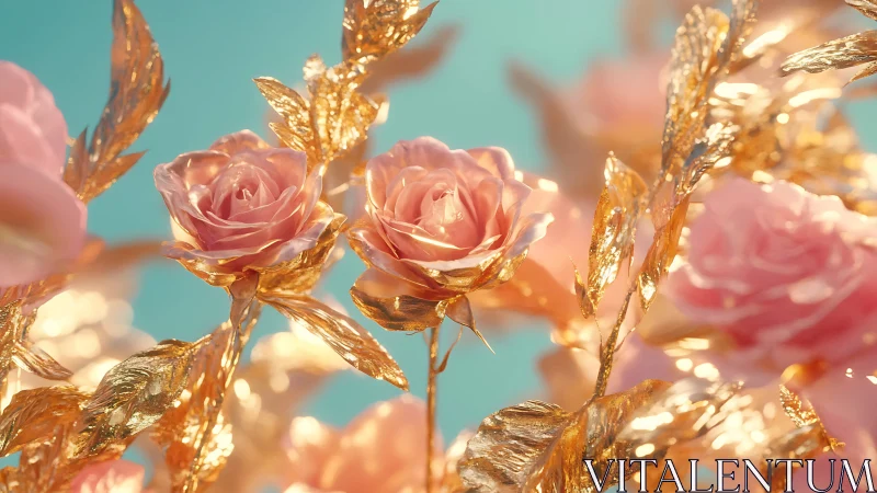 Golden Roses Against Turquoise Sky.