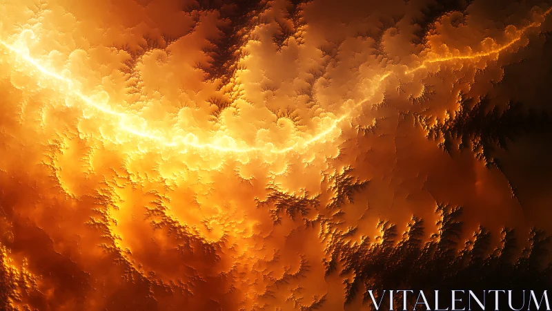 Fiery abstract fractal clouds with bright lightning band.