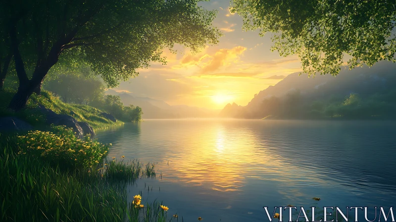 Sunlit lake hushes the valley in glimmering morning gold.