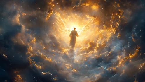 Radiant angel ascends through blazing celestial storm of light