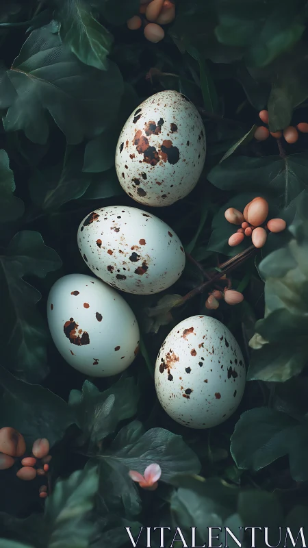 Speckled bird eggs arranged on dark green foliage surface.
