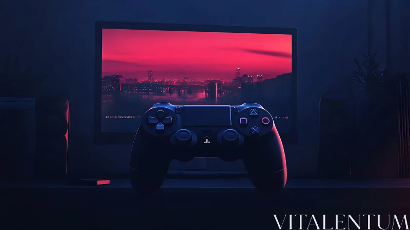 DualShock controller before neon city gaming monitor at dusk