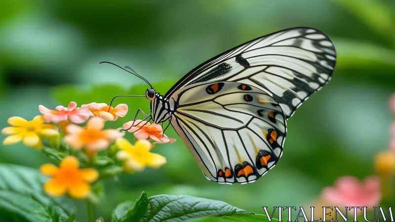 Macro capture of white-veined butterfly on lantana bloom cluster.