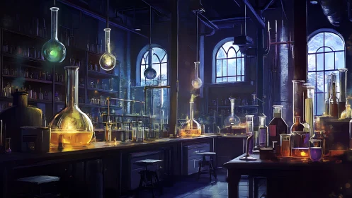 Moody vintage laboratory interior with glowing alchemy glass.