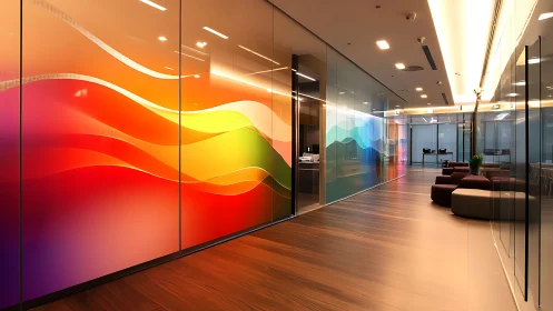 Modern office hallway with vivid abstract glass murals.