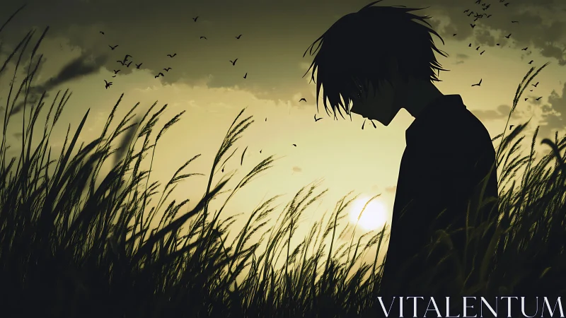 Silhouetted dreamer drifts through dusk-laced grass and memory