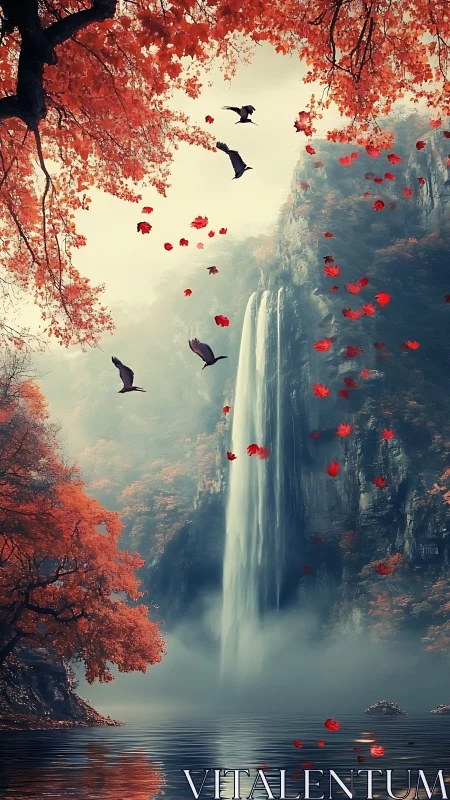 Autumn canyon waterfall framed by red foliage and drifting leaves