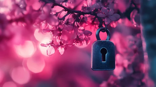 A Padlock's Secret Among Blooming Pink Flowers