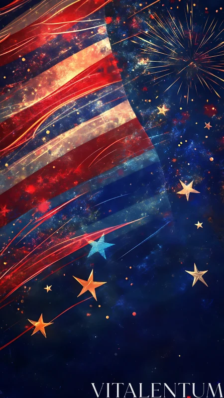 Spectral American banner with ballistic starfield fireworks.