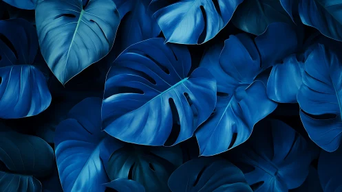Sculpted blue monstera leaves glow in a deep shadowed jungle.