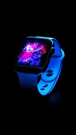 Smartwatch glows with neon galaxy dial over deep black