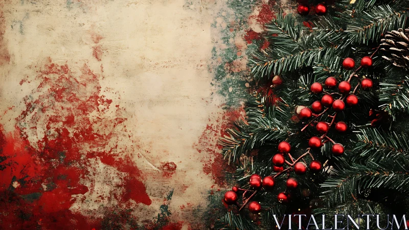 Cozy Christmas greenery with bright berries along rustic wall.