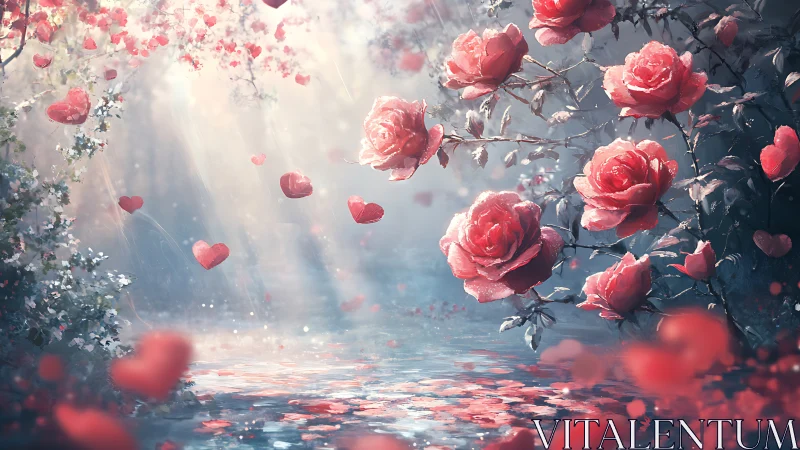 Luminous Red Roses with Falling Petals in Ethereal Light