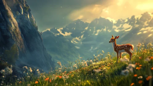 Fawn of dawn pauses on wildflower ridge beneath glowing peaks.