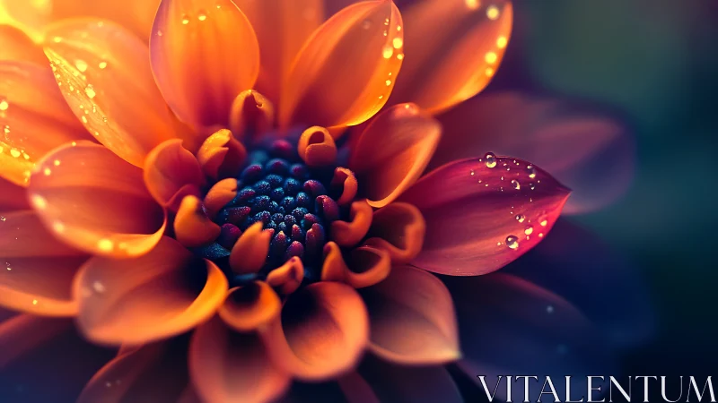 Radiant Dahlia with Dewdrops Glowing in Warm Light