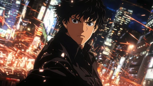 Midnight avenger strides through neon sparks of the city.